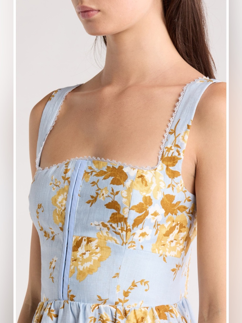 new Reformation Tagliatelle linen midi sundress in Heavenly blue gold floral - Picture 2 of 8